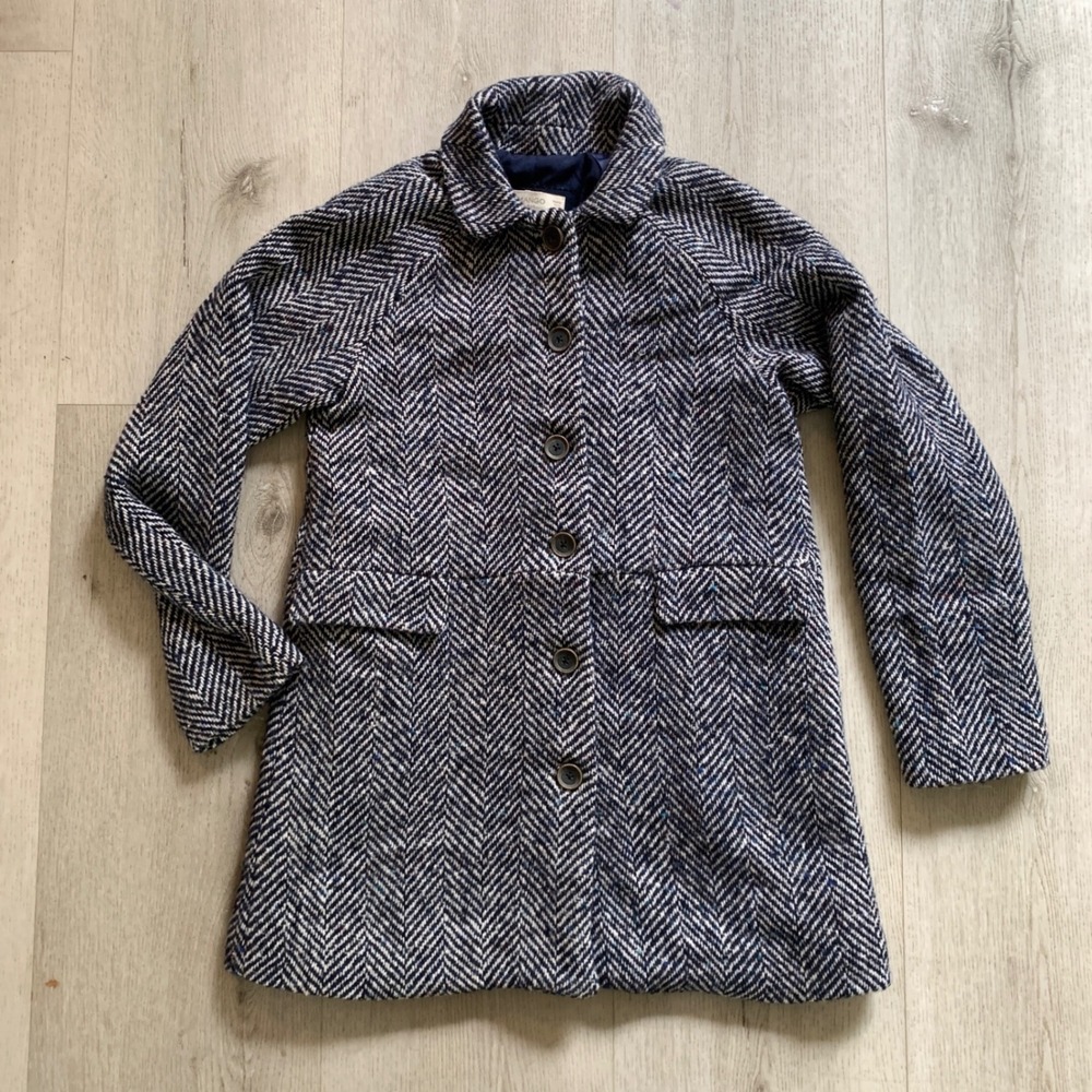 Mango Kids‎ Herringbone Coat Navy White Wool Blend Girls Size 11/12 152cm